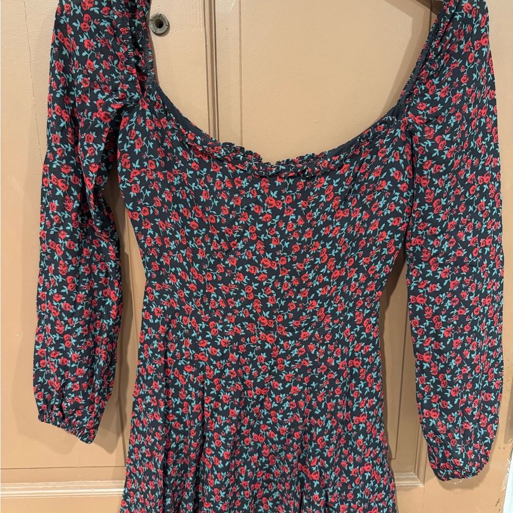 Reformation gretel Black Dress with Red and Green Floral Pattern